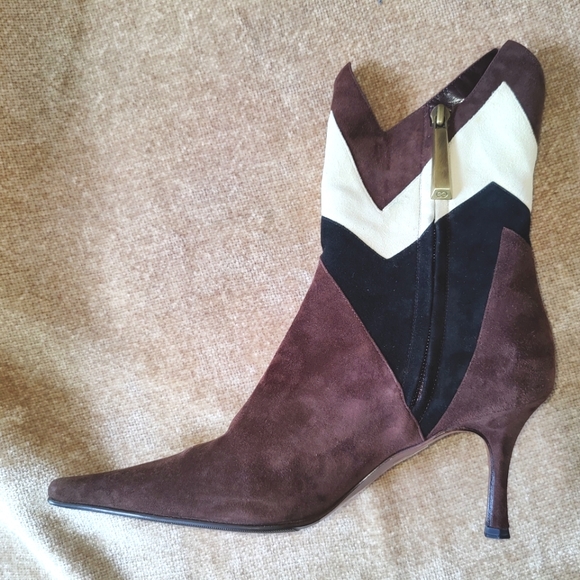 Escada Shoes - Escada Color Block Black Brown Cream Suede Pointed Toe Ankle Boots